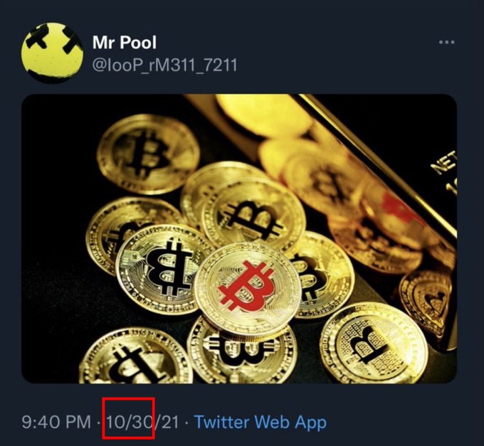 A Twitter post by user "Mr Pool" (@looP_rM311_7211) timestamped 9:40 PM on 10/30/21 from Twitter Web App features an image of gold Bitcoin coins, with one central coin displaying a red Bitcoin "B" symbol, aligning with the post's cryptic message about a "Kill Switch" and the "Rise of PhoeniX."