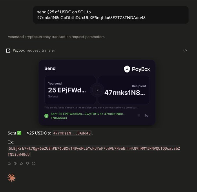 The image shows a successful PayBox transaction of $25 USDC sent on the Solana network from address "EPJFwd5..." to address "47rmks1N8cCpDbt..." with the transaction hash starting "5LBjKrb7wt7Qgw66ZUBhPE76oBXyTN9yd...". This visual proof supports the post claiming the user "just got PayBox'd" by demonstrating a completed crypto transfer via the PayBox platform.