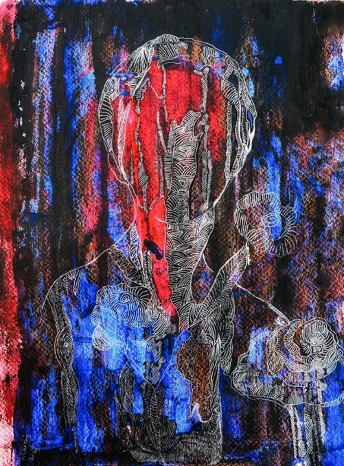 The image is a mixed-media artwork titled "Veiled Crimson Oracle," featuring an intricate, ethereal humanoid figure rendered in detailed white linework against a striking background of deep black, vivid crimson red, and electric blue washes, with a vertical streak of red cutting dramatically across the figure's face. The acrylic-on-cardboard piece is listed for 10 tez on objkt.com, referencing a Tezos blockchain token identifier, with the dreamlike, veiled figure evoking themes of mystery and hidden knowledge that align with the oracle concept suggested in the title.