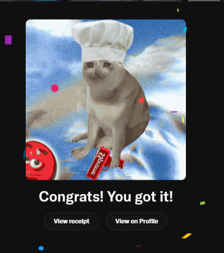 A screenshot showing a confused-looking cat wearing a white chef's hat, sitting on a blue textured background while holding a red 'fragma22' ketchup bottle, with the text 'Congrats! You got it!' and buttons for 'View receipt' and 'View on Profile' below.