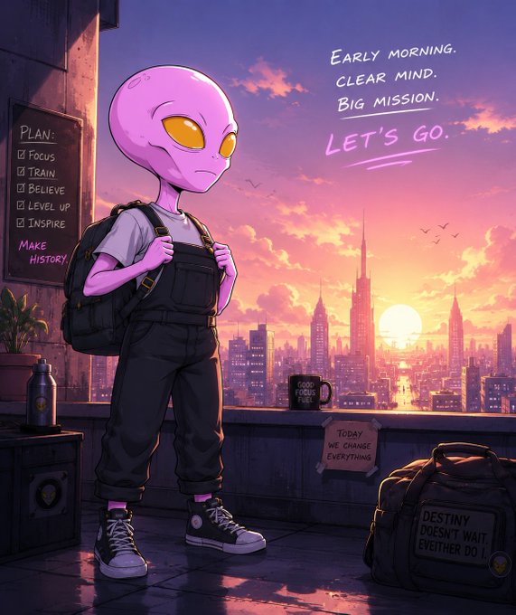 A motivational digital illustration of a purple alien with yellow eyes wearing overalls and a backpack, standing by a window overlooking a city at sunrise, with text including 'PLAN: FOCUS, TRAIN, BELIEVE, LEVEL UP, INSPIRE, MAKE HISTORY' and 'LET'S GO'.