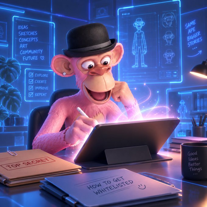 A digital illustration of a pink monkey wearing a black bowler hat working on a tablet, with surrounding screens showing 'IDEAS, SKETCHES, CONCEPTS, ART, COMMUNITY, FUTURE' and a 'TOP SECRET' folder labeled 'HOW TO GET WHITELISTED'.