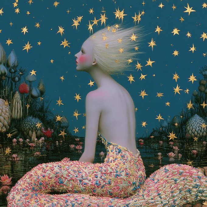 A surreal fashion photograph of a pale, bare-shouldered woman with flowing blonde hair sitting among giant flowers and water lilies under a starry night sky, wearing a textured pink gown.