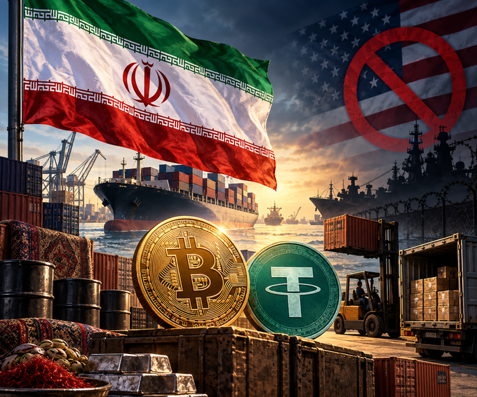A composite image featuring the Iranian flag and a crossed-out American flag in the background, with a Bitcoin coin and Tether coin in the foreground alongside shipping containers and cargo ships.