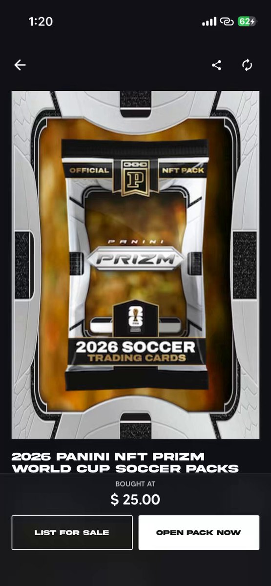 The image shows a phone screen displaying a list of soccer trading cards for the world cup. The topmost part of the card includes a price, with the text stating "open pack now $25.00" at the bottom right corner. There is also information about an upcoming game that could be related to these trading cards or simply something related to the soccer club itself. This post appears to offer fans the opportunity to buy these cards quickly and conveniently as they open up in the app store on their smartphones, potentially capturing a moment from the world of sports.