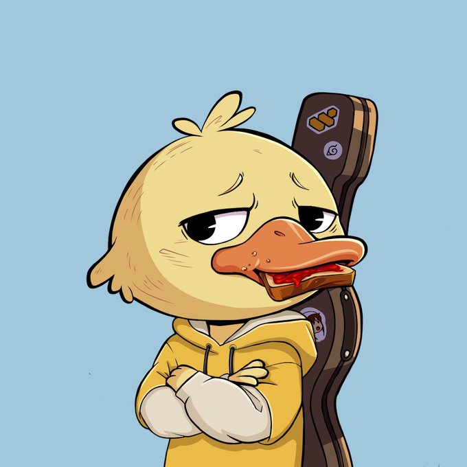 The image features a cartoon duck wearing a yellow hoodie, standing against a blue background with its arms crossed. The duck appears to be looking down at something or someone, possibly a person's face. There are also stickers visible around the edges of the image. In the context of the post, it seems that the duck is being used as an attention-grabbing element for social media purposes, likely related to the account @wallchain. The post mentions that the account has been inactive and might be ready to start racking up Quacks again.