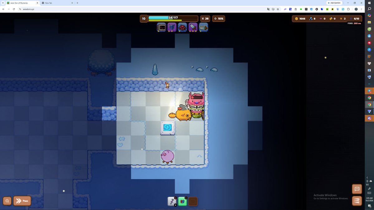 A screenshot of the browser-based game 'Juice Den of Mysteries' (alexdom.xyz) showing a 2D dungeon scene with a character, a pink monster, and UI elements displaying health (58/117), level 10, and currency (1646).