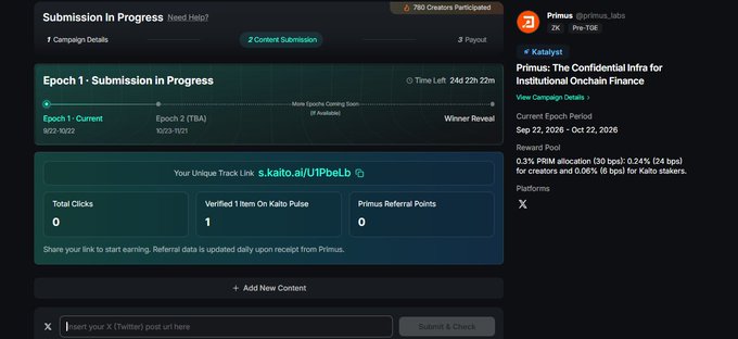 A screenshot of a Kaito platform page showing 'Submission In Progress' for Epoch 1, with details about Primus: 'The Confidential Infra for Institutional Onchain Finance' and an epoch period from Sep 22, 2026 to Oct 22, 2026.
