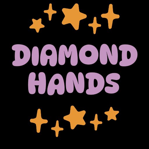 A black-background graphic displays the phrase "DIAMOND HANDS" in bubbly lavender-purple lettering, framed above and below by clusters of orange sparkle and star shapes, visually reinforcing the post's message about holding onto investments.