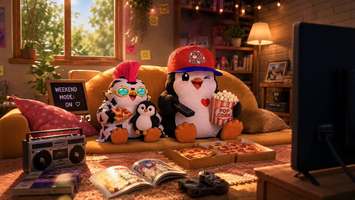 The image features a cartoon penguin sitting on a couch with two other stuffed animals, including a zebra and a polar bear. The penguin has a pizza box open next to him, suggesting they are enjoying some food together. A book is also present in the scene, indicating that they might be spending their weekend reading or relaxing at home. The post about @pudgypenguins suggests that this image could be related to a social media account dedicated to penguin plush toys and their activities.

The background of the image shows a television screen displaying a cartoon character from "@pudgypenguins". This further supports the idea that the image is part of an online community or account related to penguin plush toys, where users share photos and stories about their stuffed animals' lives and experiences.