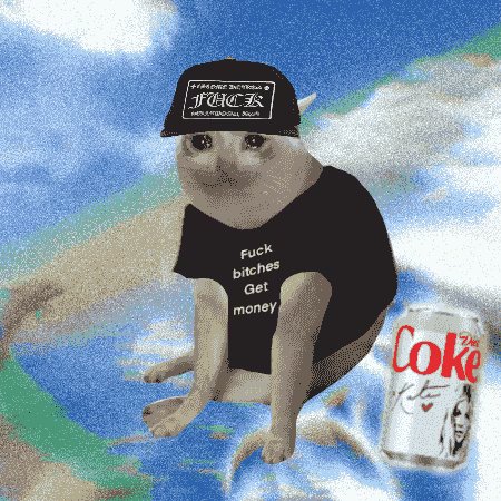 A cat wearing a black "FUCC" hat and a "Fuck bitches Get money" t-shirt sits against a sky background next to a Diet Coke can, humorously personifying the viral meme phrase.