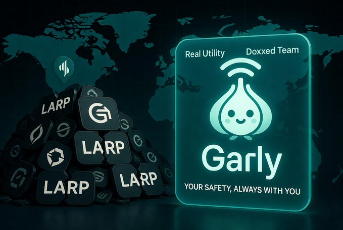 The image showcases a promotional graphic for the "$GARLY" crypto token, featuring a glowing teal card with a cute mascot character, the tagline "YOUR SAFETY, ALWAYS WITH YOU," and labels highlighting "Real Utility" and "Doxxed Team," while a pile of "LARP" (Live Action Role Play) tokens sits in the background. This visual reinforces the post's central message that $GARLY stands apart from the many speculative, vaporware projects cluttering the crypto space, emphasizing its legitimate product, transparent team, and clean narrative as key differentiators.