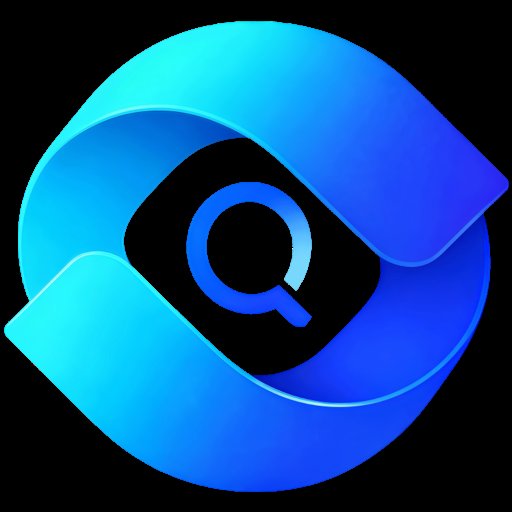 A blue gradient logo featuring a stylized 'Q' inside a black rounded shape surrounded by curved blue bands, set against a black background.