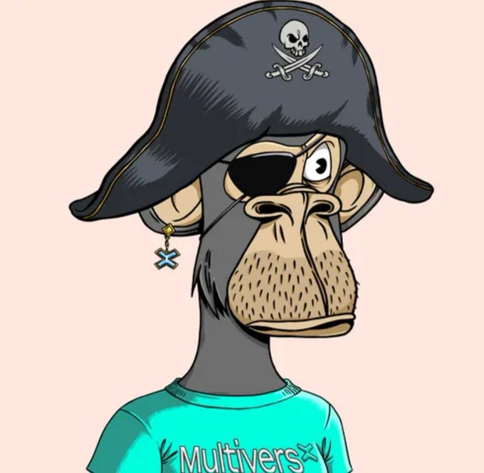 A cartoon illustration of a Bored Ape-style character wearing a pirate hat with a skull and crossbones, an eyepatch, and a teal shirt reading 'Multivers'.
