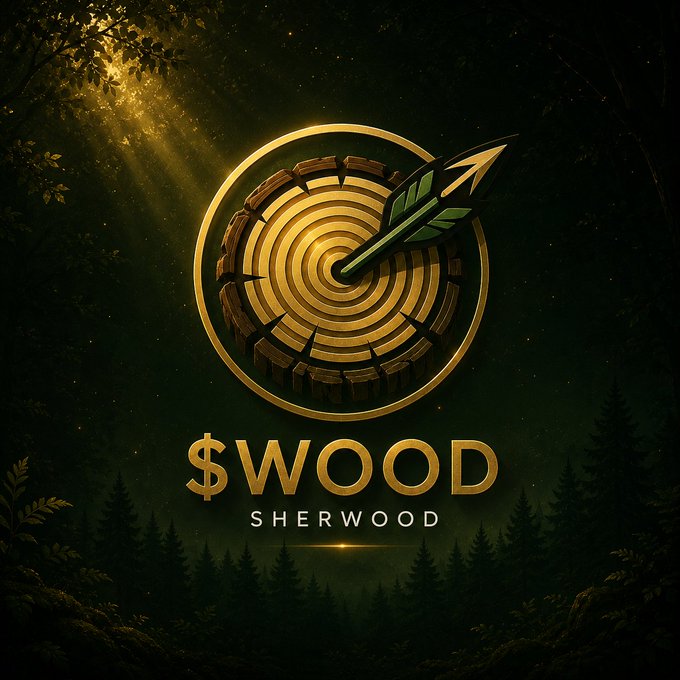 A stylized golden target logo with an arrow, displayed above the text '$WOOD' and 'SHERWOOD' against a dark forest backdrop.
