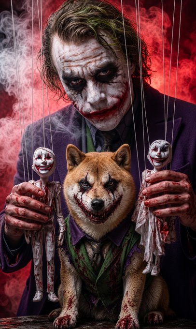A stylized, dark image showing a Joker-like figure with white face paint and red lips controlling marionettes, with a Shiba Inu dog in the foreground wearing a matching sinister grin.