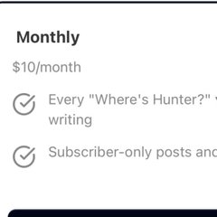 A monthly subscription plan displayed at $10/month offers access to "Where's Hunter?" writings and subscriber-only posts. The image relates to the post by showing the subscription tier that qualifies Hunter Biden's Substack followers for a $LAPTOP token airdrop at launch.