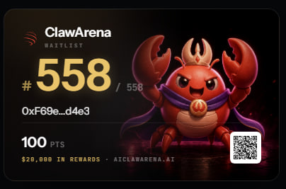 A dark-themed digital graphic displays a "ClawArena WAITLIST" entry showing position "#558/558", the partial wallet address "0xf69e...d4e3", "100 PTS", and "$20,000 IN REWARDS · AICAWARENA.AI" alongside a red cartoon crab mascot wearing a crown and cape.