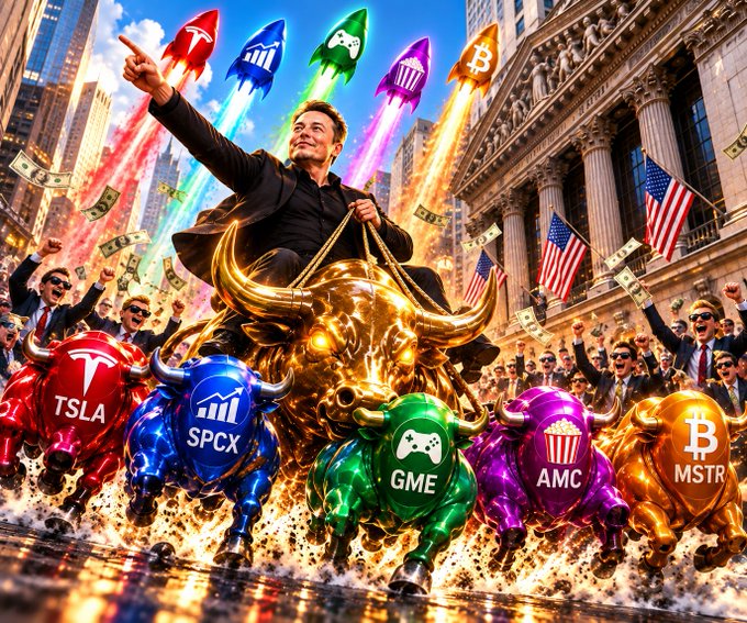 A vibrant AI-generated image of Elon Musk riding a golden bull, surrounded by colorful rocket ships and bull statues bearing stock tickers TSLA, SPCX, GME, AMC, and MSTR, with Wall Street in the background.