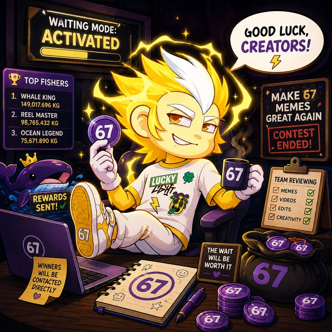 A cartoon illustration shows a golden-haired character sitting with a laptop, surrounded by signs reading 'WAITING MODE: ACTIVATED', 'GOOD LUCK, CREATORS!', 'MAKE 67 MEMES GREAT AGAIN - CONTEST ENDED!', and 'TOP FISHERS' leaderboard with Whale King, Reel Master, and Ocean Legend, along with numerous '67' tokens and a 'REWARDS SENT!' sticker.