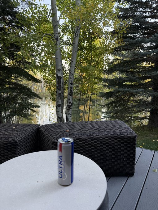 A can of Michelob Ultra sits on a round white patio table on a wooden deck, framed by dark wicker outdoor furniture and a serene backdrop of birch and evergreen trees beside a lake.