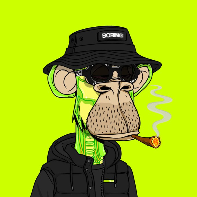 A cartoon ape wearing a black bucket hat labeled "BORING," sunglasses, and a black hoodie smokes a cigar against a neon green background, matching the "Boring Ape" NFT aesthetic promoted in the @theapehood giveaway post.