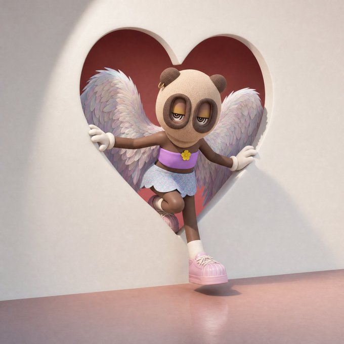 A 3D-rendered character resembling a sloth wearing pink angel wings, a skirt, and pink platform shoes, leaning against a heart-shaped wall cutout.