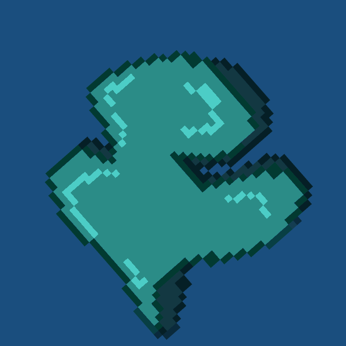 A pixel art heart composed of teal and dark green blocks, featuring a notched, stepped design with lighter cyan highlights that give it a cracked or crystalline appearance, set against a solid navy blue background. The image represents the onchain pixel art style being launched as part of a 10k free mint collection for an onchain museum dedicated to showcasing artists' and collectors' work.