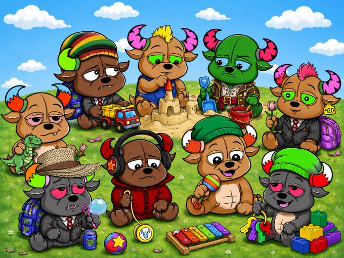 A colorful cartoon illustration of nine puppy characters with horns playing in a grassy field, featuring a sandcastle, xylophone, toys, and various accessories including a rasta hat and headphones.