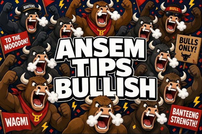 A chaotic, bullish graphic featuring multiple angry cartoon bulls with signs reading 'TO THE MOOOOO!', 'BULLS ONLY!', 'WAGMI', and 'BANTEENG STRENGTH!', with large text in the center declaring 'ANSEM TIPS BULLISH'.