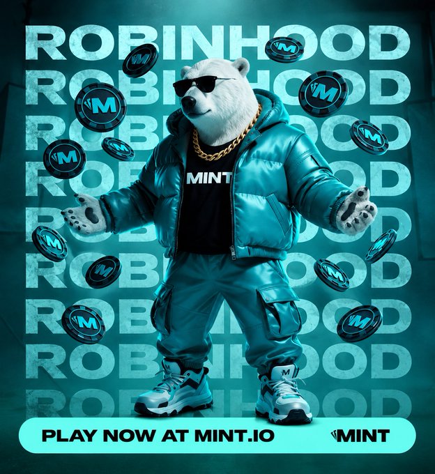 A promotional image for MINT.IO featuring a bear character wearing sunglasses and a teal tracksuit surrounded by floating 'M' branded coins, with 'ROBINHOOD' text repeated in the background and a 'PLAY NOW AT MINT.IO' banner.
