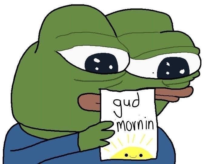 An illustration of two sad-looking Pepe frogs holding a paper that reads 'gud mornin' with a small sun drawing.