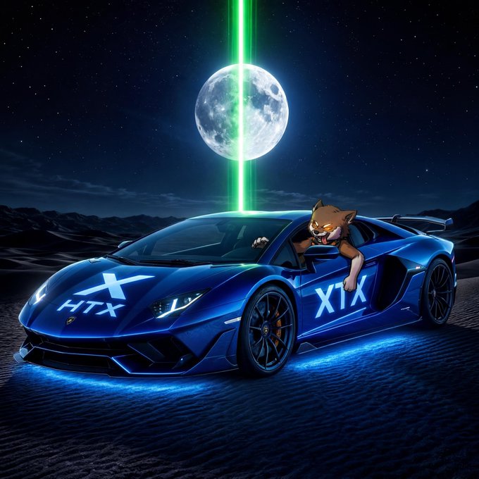 A sleek blue Lamborghini marked with "XTX" glows on a desert landscape beneath a full moon, with a green light beam piercing the sky and an aggressive werewolf-like creature leaning out the driver's side window—evoking the post's "moon mission" theme and framing $LOBO as the crypto "riding" toward the moon under HTX's banner.