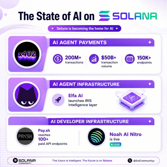An infographic titled 'The State of AI on Solana' showing stats like 200M+ transactions, $50B+ volume, and featuring Elfa AI, Pay.sh, and Noah AI Nitro.