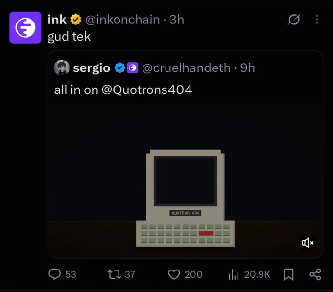 A screenshot of a post by ink (@inkonchain) quoting a tweet from sergio (@cruelhandeth) that says "all in on @Quotrons404" with an image of a pixelated "QUOTRON 200" computer. The "gud tek" reply references tech enthusiasm, aligning with the caption's note about Quotrons floor price surging from 300 to 700 USDG.