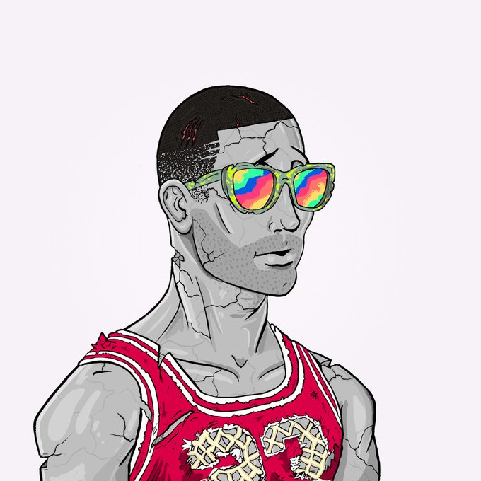 A stylized digital illustration of a cracked, gray-skinned figure wearing a red basketball jersey with '23' and rainbow-reflective sunglasses.