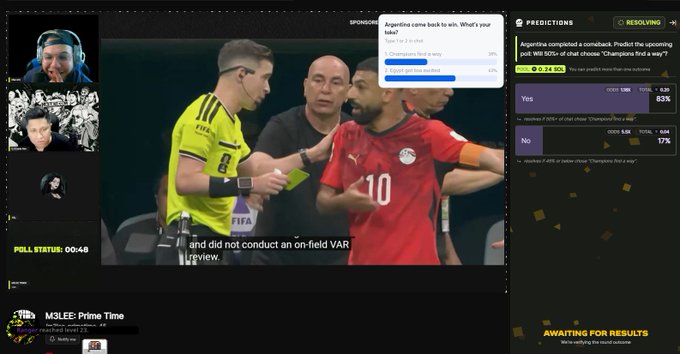 A live sports betting stream showing the Egypt vs Argentina match with a referee reviewing VAR, displaying a poll status of 00:48 and prediction odds (Yes 83%, No 17%) for whether Argentina will find a way.