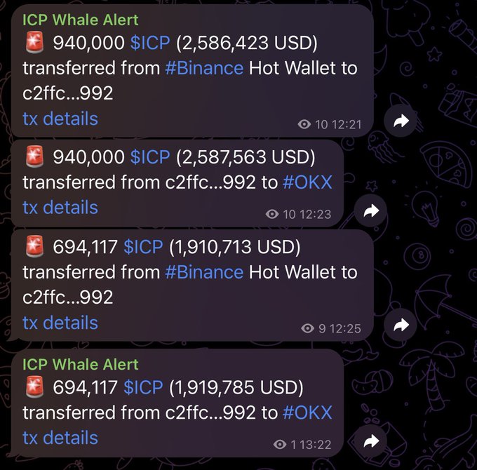 A series of 'ICP Whale Alert' Telegram messages show large transfers of $ICP tokens between Binance Hot Wallet, an unknown address (c2ffc...992), and the OKX exchange, totaling millions of USD.