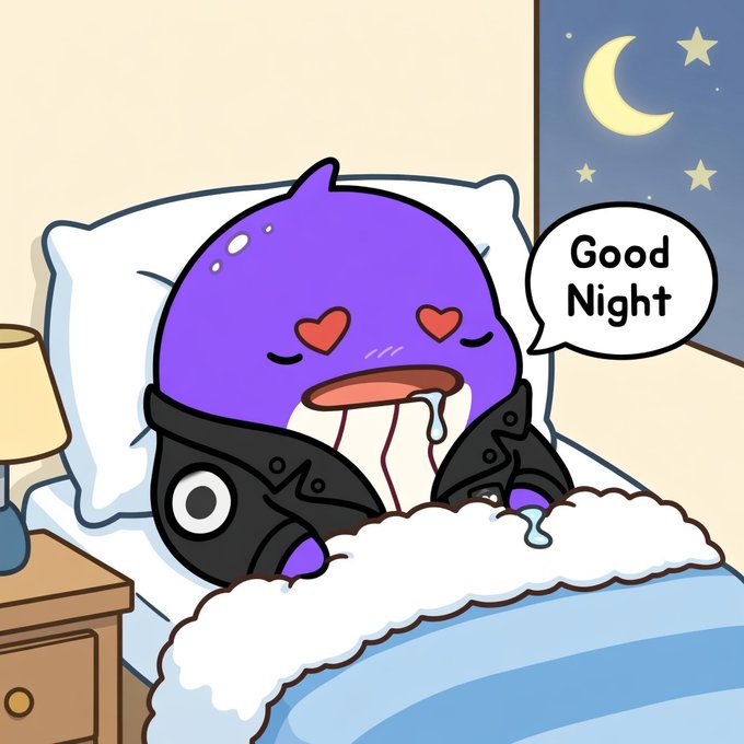 A cute purple character with heart eyes sleeps in bed with drool dripping down, saying "Good Night" in a speech bubble while a starry night sky glows through the window. The image playfully illustrates the post's "good night" sign-off after the user describes their first $MOTION tipping experience and the engagement loop.