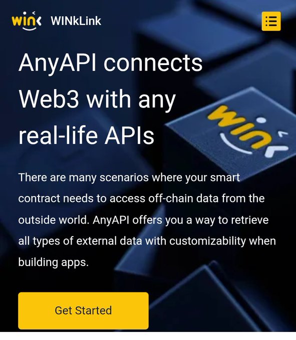 The image features a website with a blue background that displays information about the AnyAPI platform. The title of the webpage reads "AnyAPI connects Web3 with any real-life APIs". Below this, there are two blocks of text providing details on what the AnyAPI platform does and how it can be used by developers to access various types of external data for their projects.
