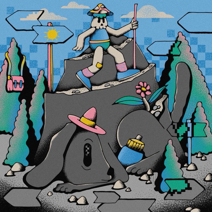 A colorful digital illustration featuring a large gray dog wearing a pink sombrero holding a blue bottle, with a smaller mushroom-headed character sitting on its back, surrounded by trees and signposts.
