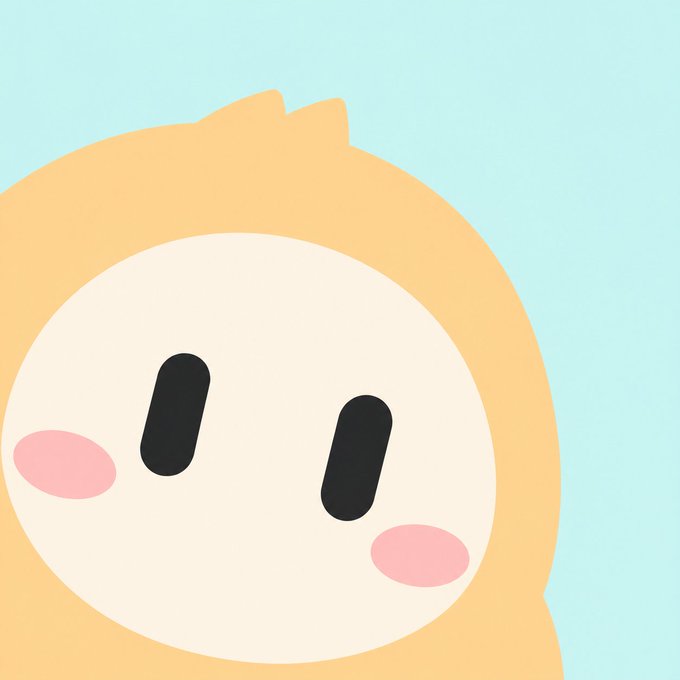 A cute, minimalist illustration of a character with a tan hood and pink cheeks against a light blue background.
