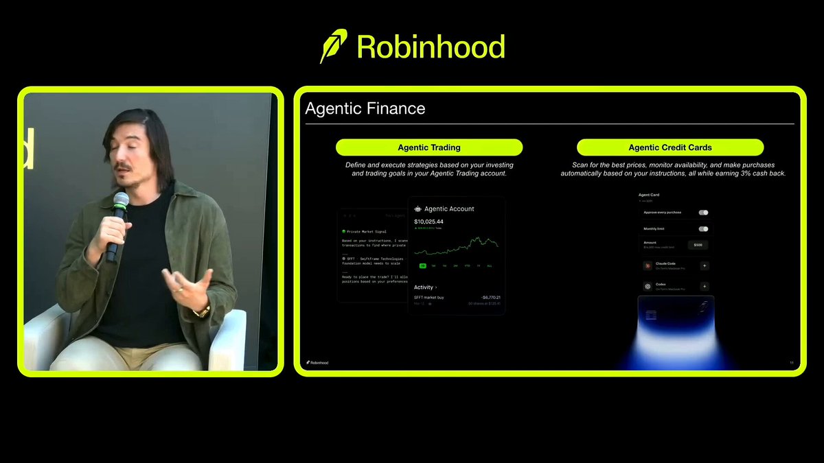 The image features an advertisement for a company called Robinhood, which is focused on providing financial services through mobile apps. The man sitting down appears to be talking into a microphone or a video camera while holding a microphone stand. There are two screens in the image, one of which displays information about Robinhood and its services, while the other shows an image of the man with his hands up.