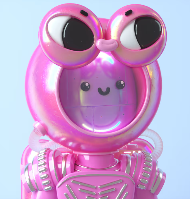 A 3D render of a pink holographic robotic figure with large cartoonish eyes and a cute smiling face on its chest, set against a light blue background.