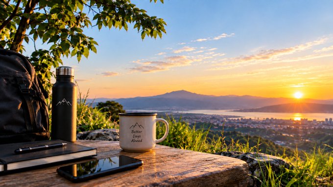 A scenic sunrise or sunset view over a bay with a mountain in the background, featuring a black water bottle, an enamel mug reading "Better Days Ahead", a notebook, pen, and smartphone on a stone ledge in the foreground.