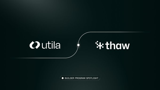 A dark promotional graphic for 'Builder Program Spotlight' featuring the logos of 'utila' and 'thaw' connected by a curved white line.