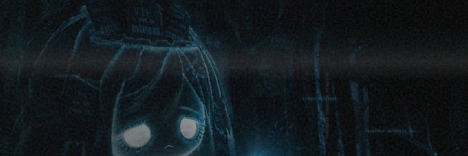 A dark, atmospheric image showing a shadowy, hooded figure with glowing white eyes peering out from darkness, with faint blue text in the background.