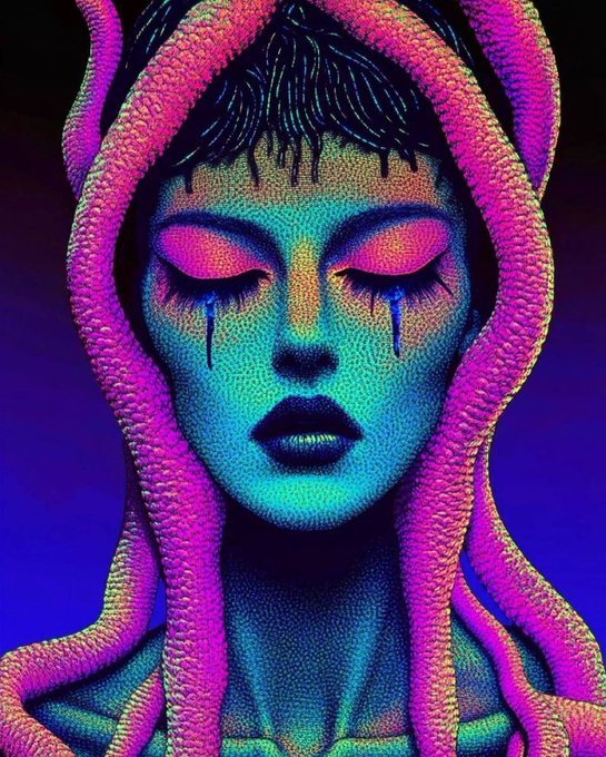 The image features a woman with long purple tentacles wrapped around her head, giving an impression of a creature from another world or a fantastical creature. The woman's face has blue eyes that appear sad, adding to the overall mysterious atmosphere of the scene. The background is dark and blue, which further emphasizes the vibrant colors of the woman's tentacles and makeup.