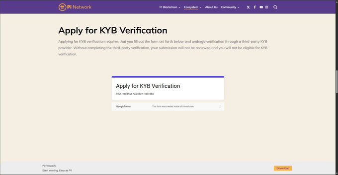 A "Pi Network" page displaying an "Apply for KYB Verification" form, featuring a required Google Forms field, aligns with OpenPay's announcement that they have submitted their KYB application and implemented Pi Authentication for the Pi Network ecosystem.