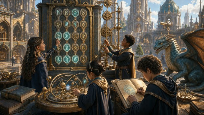 Young scholars in robes decode glowing runes and study ancient tomes beside a dragon in a fantasy citadel, symbolizing the collaborative decision-making behind DungeonGames' Proposal #42, which seeks to raise the governance proposal deposit to 500,000 DGN.